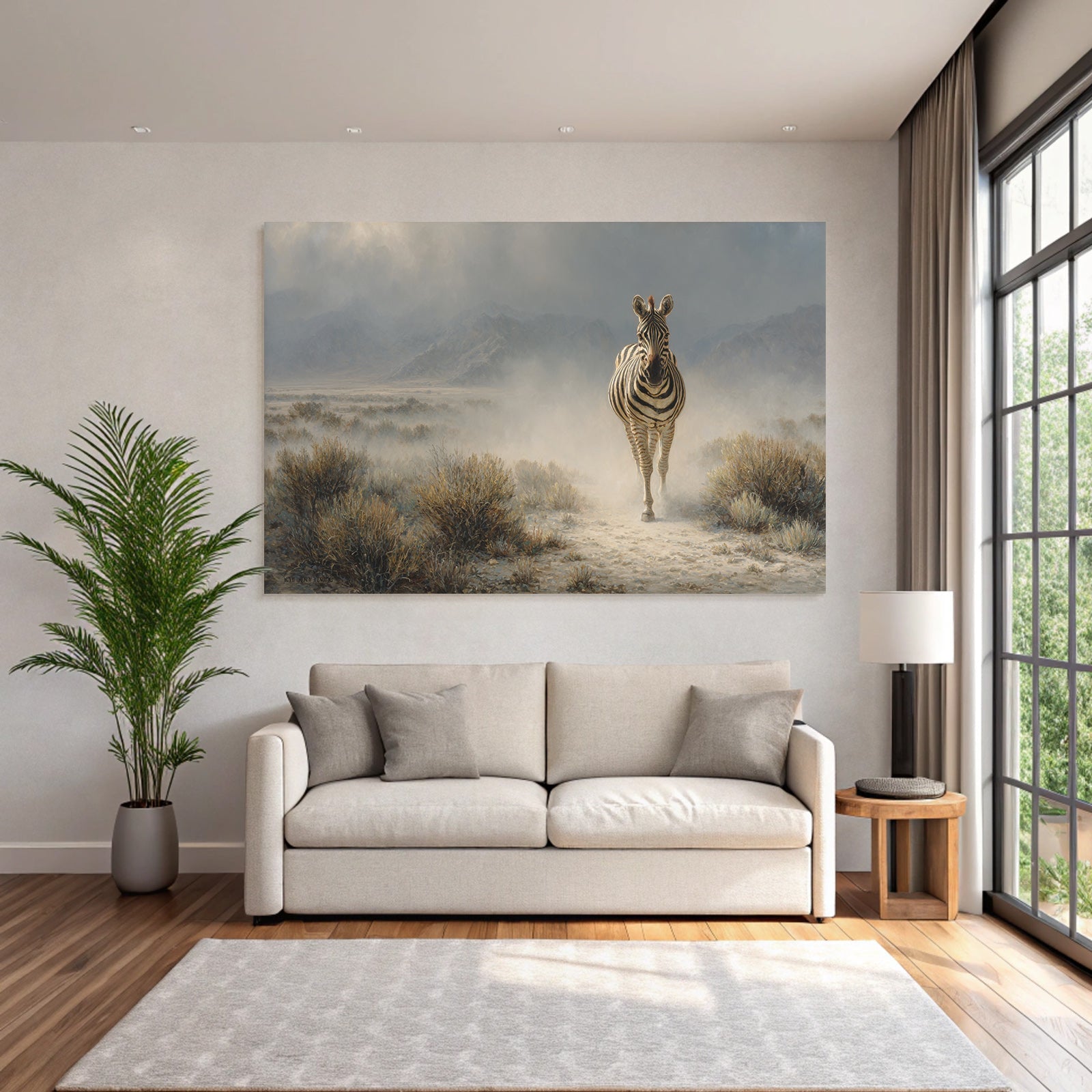 Zebra in misty landscape with mountains in the background