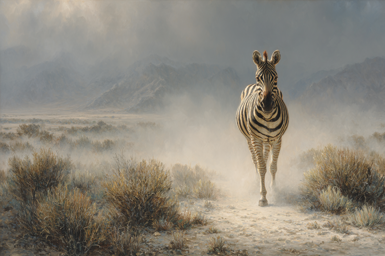 Zebra In Nebliger Landschaft Mit Bergen Im Hintergrund | Safari und Wildtiere | Tiere