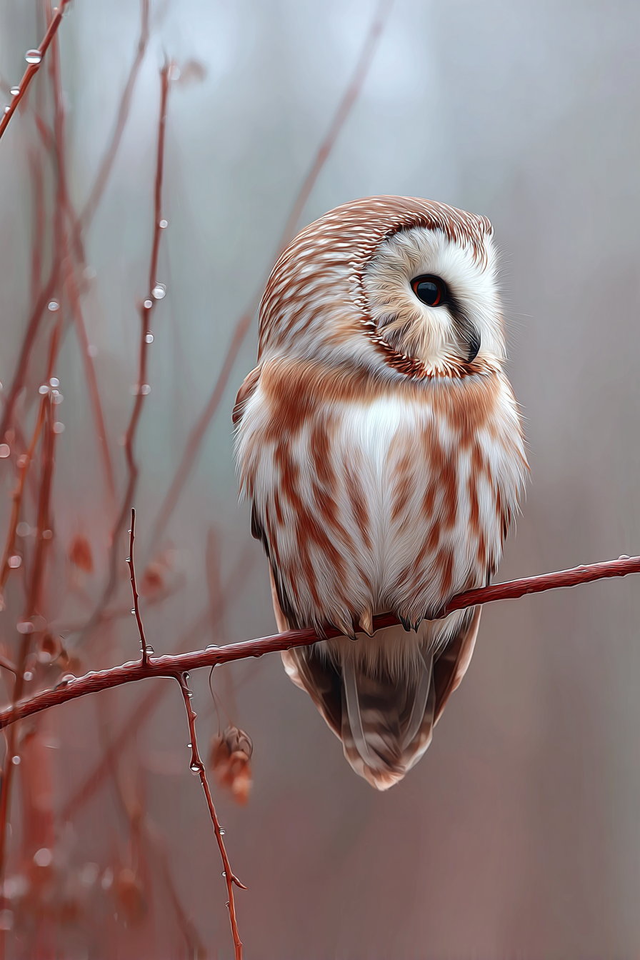 Eule Im Wald Mit Flauschigem Federkleid Und Tau Tröpfchen | Voegel | Tiere