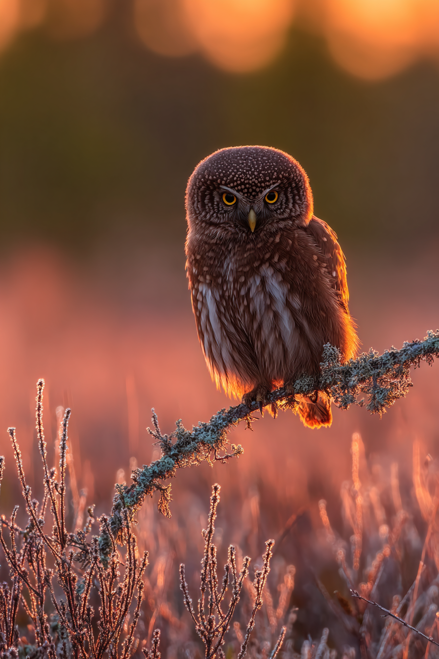 Eule Auf Einem Ast Im Sonnenaufgang Oder Sonnenuntergang | Voegel | Tiere