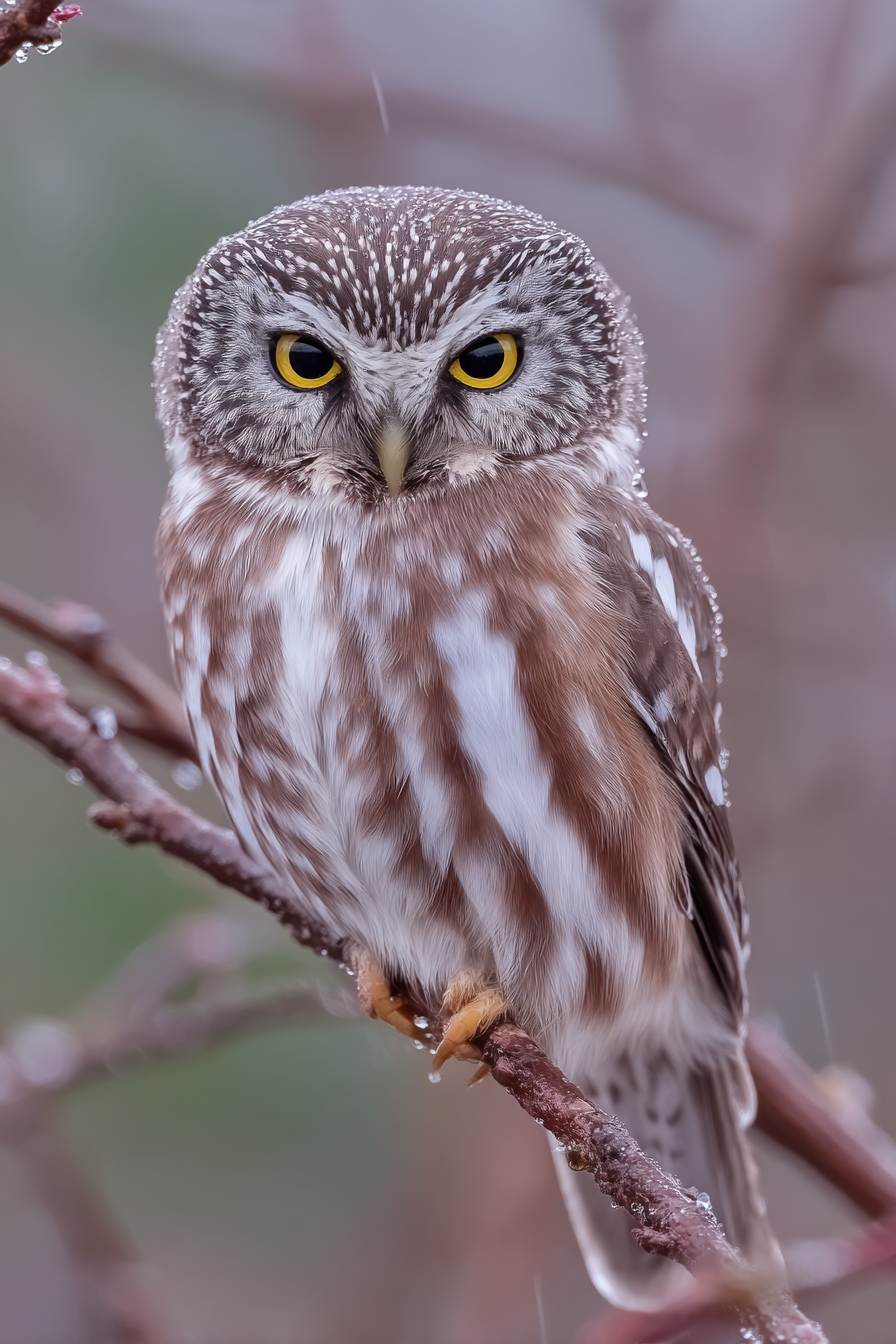 Eule Auf Einem Zweig Mit Regentropfen Braun Und Weiss Gelbe Augen | Voegel | Tiere