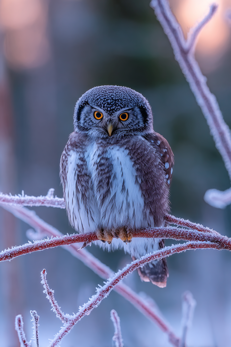 Eule Mit Orangen Augen Auf Eisigem Zweig Winterlandschaft | Voegel | Tiere
