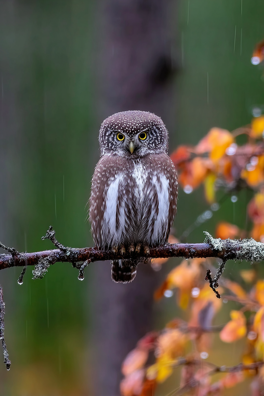 Kauz Auf Zweig Bei Regen Mit Unscharfem Hintergrund | Voegel | Tiere