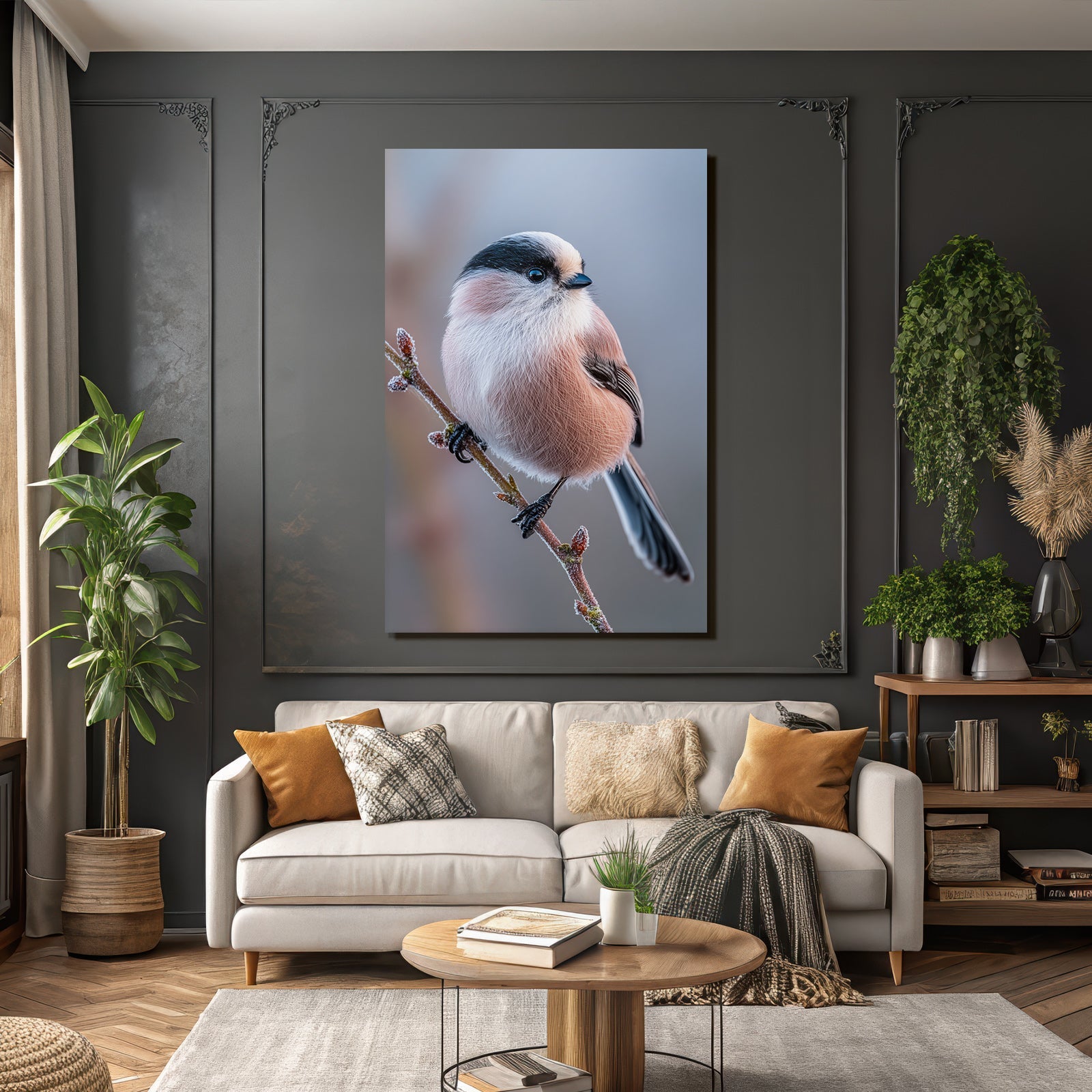 Longtailed Tit Auf Einem Ast Mit Frost Oder Tau