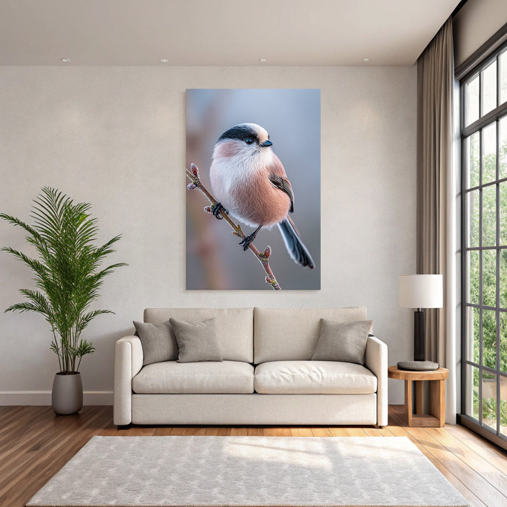 Longtailed Tit Auf Einem Ast Mit Frost Oder Tau