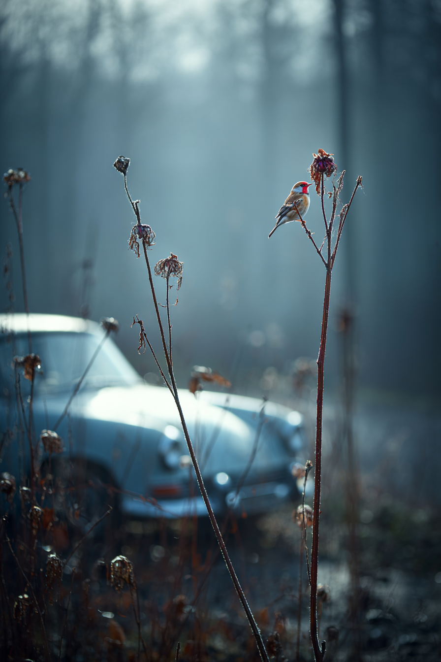 Mistige Szene Mit Getrockneten Pflanzen Und Vintage Auto | Voegel | Tiere