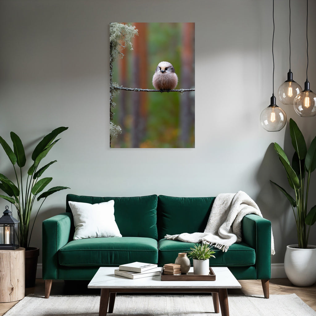 Runder Vogel Im Wald Perched Auf Einem Zweig