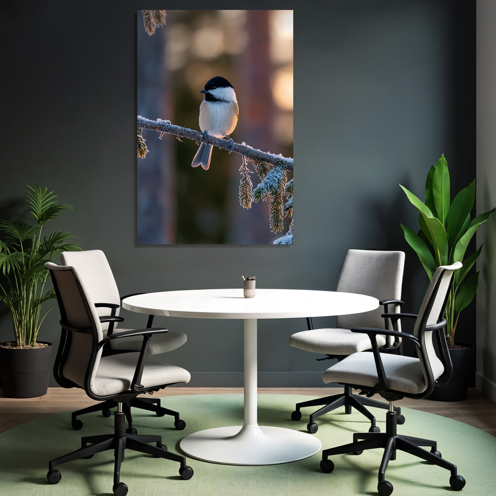 Vogel Auf Verfrorenem Zweig Im Winter Mit Unscharfem Hintergrund