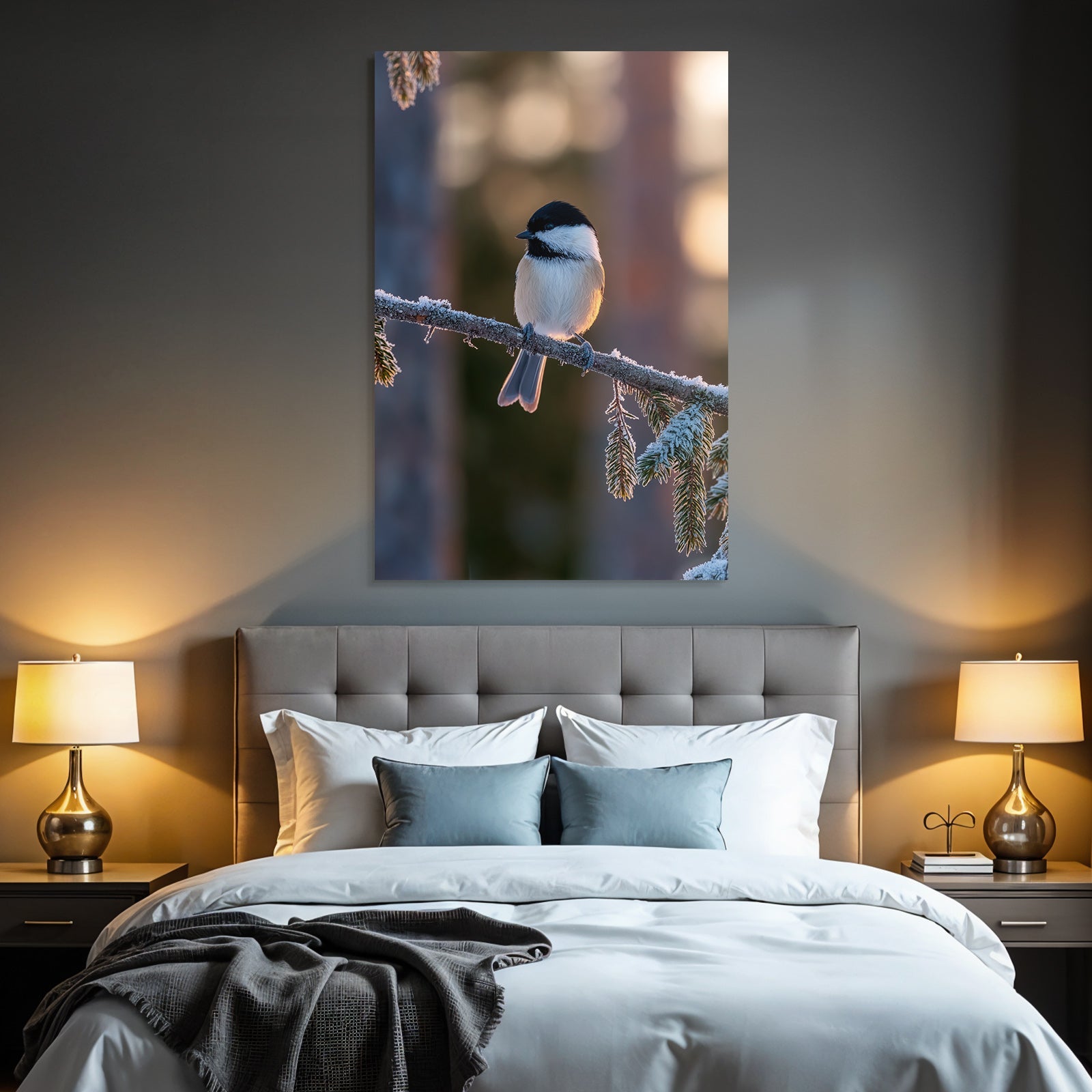 Vogel Auf Verfrorenem Zweig Im Winter Mit Unscharfem Hintergrund
