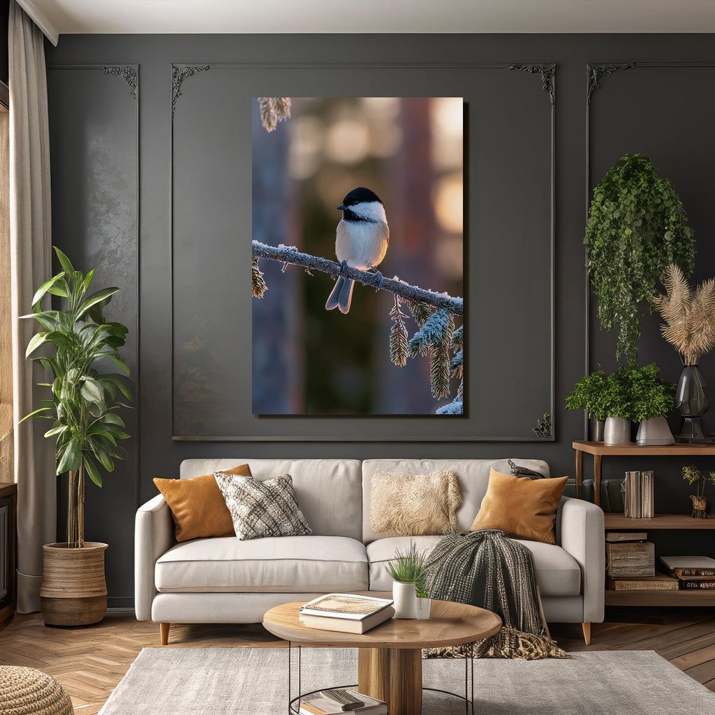 Vogel Auf Verfrorenem Zweig Im Winter Mit Unscharfem Hintergrund