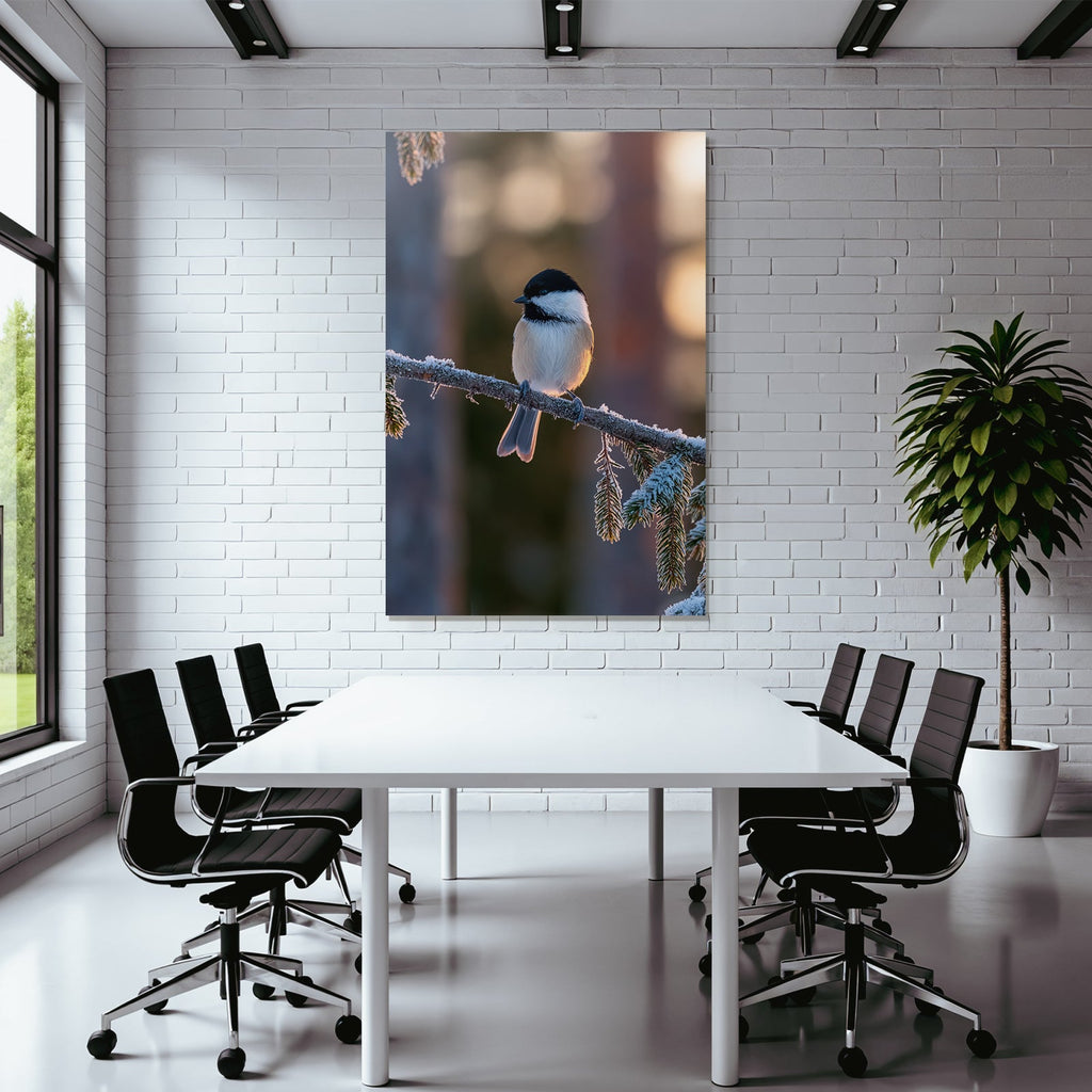 Vogel Auf Verfrorenem Zweig Im Winter Mit Unscharfem Hintergrund
