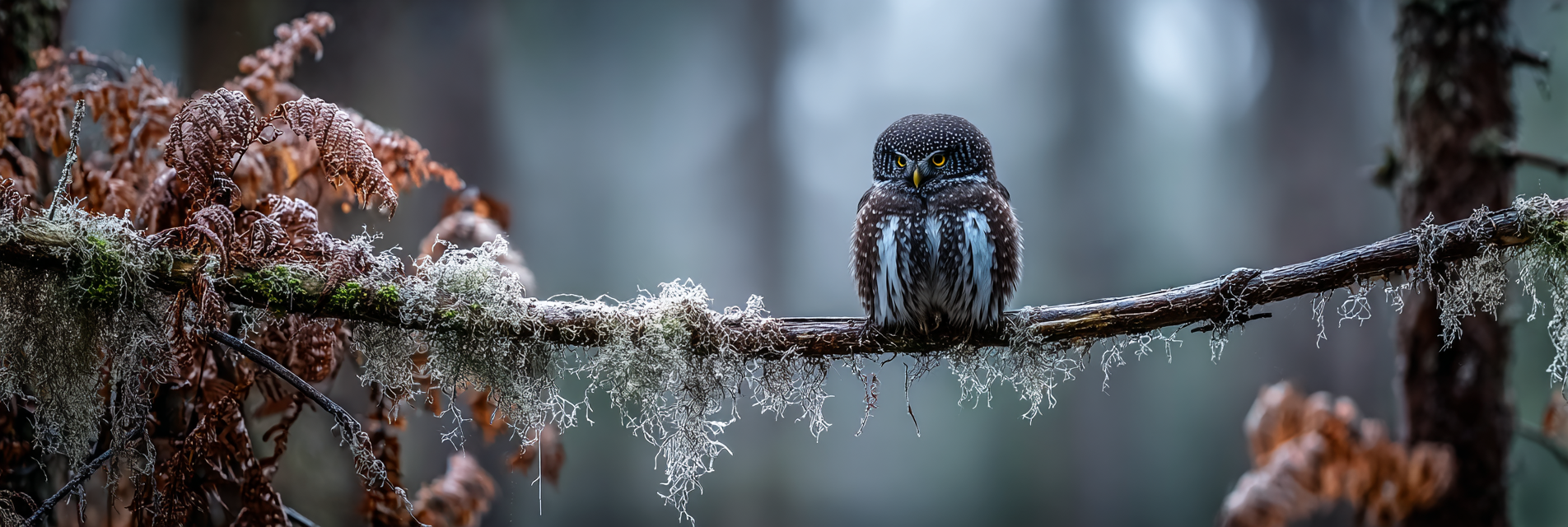 Eule Auf Einem Zweig Umgeben Von Moos Und Farnen Im Wald | Voegel | Tiere