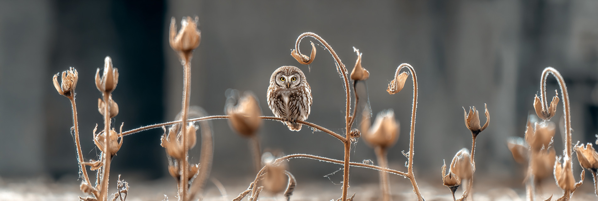 Kleiner Eule Auf Einem Ast Mit Getrockneten Blumen | Voegel | Tiere