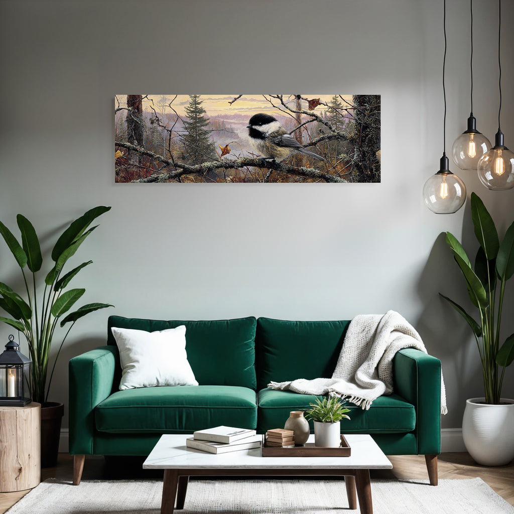 Kleiner Vogel Auf Einem Zweig Im Nebligen Wald Mit Warmen Farben