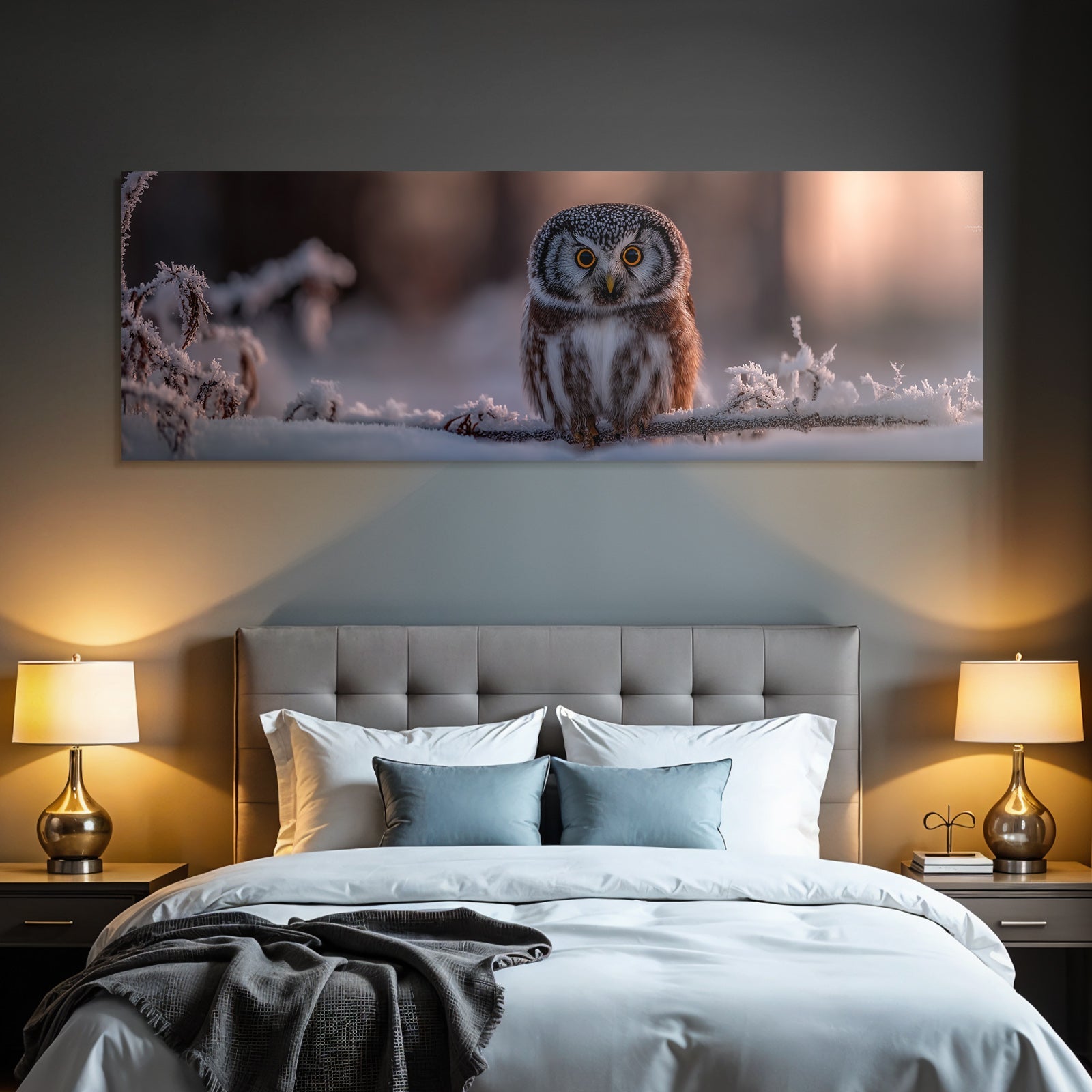 Schneelandschaft Owl Frostbedeckte Zweige Gelbe Augen Sonnenschein