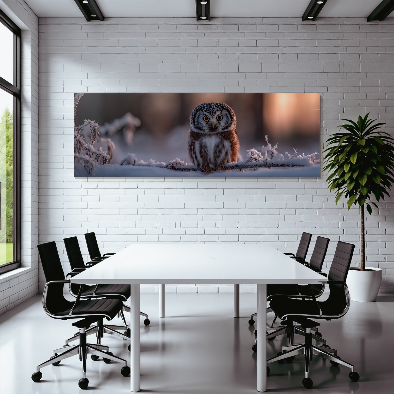 Schneelandschaft Owl Frostbedeckte Zweige Gelbe Augen Sonnenschein