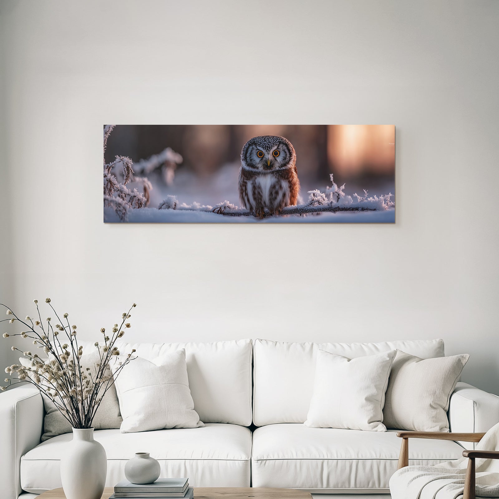 Schneelandschaft Owl Frostbedeckte Zweige Gelbe Augen Sonnenschein