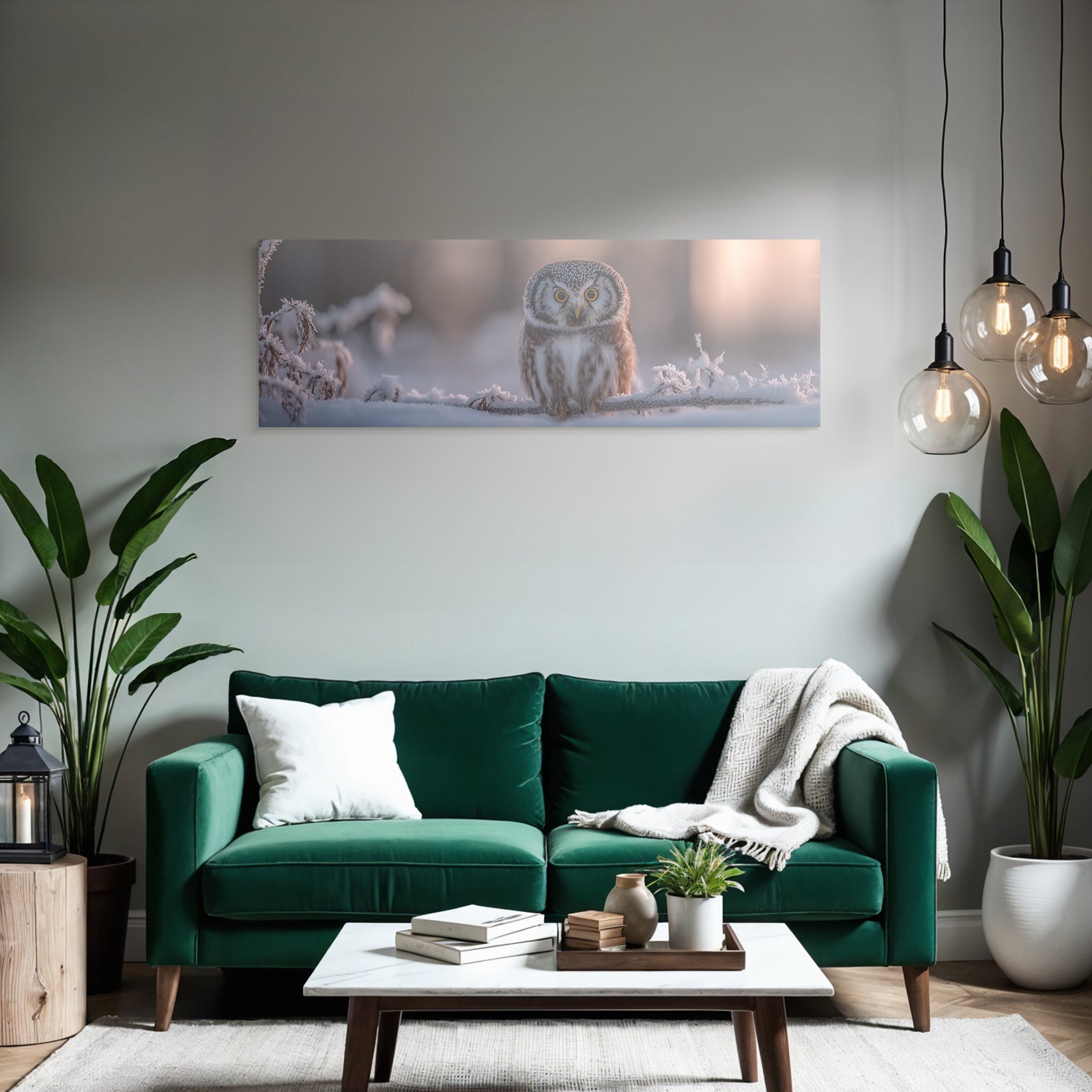 Schneelandschaft Owl Frostbedeckte Zweige Gelbe Augen Sonnenschein