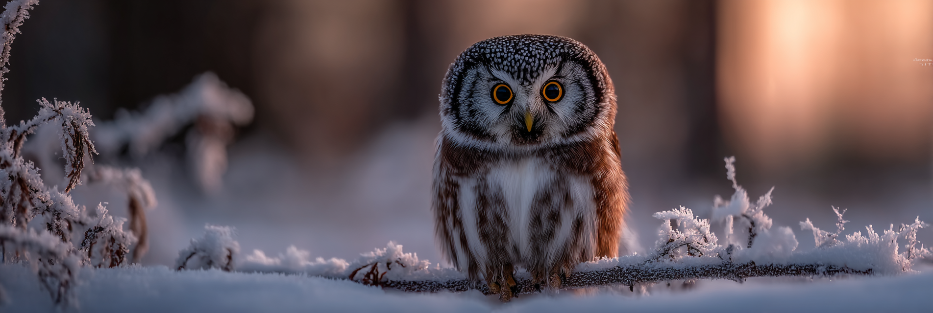 Schneelandschaft Owl Frostbedeckte Zweige Gelbe Augen Sonnenschein | Voegel | Tiere