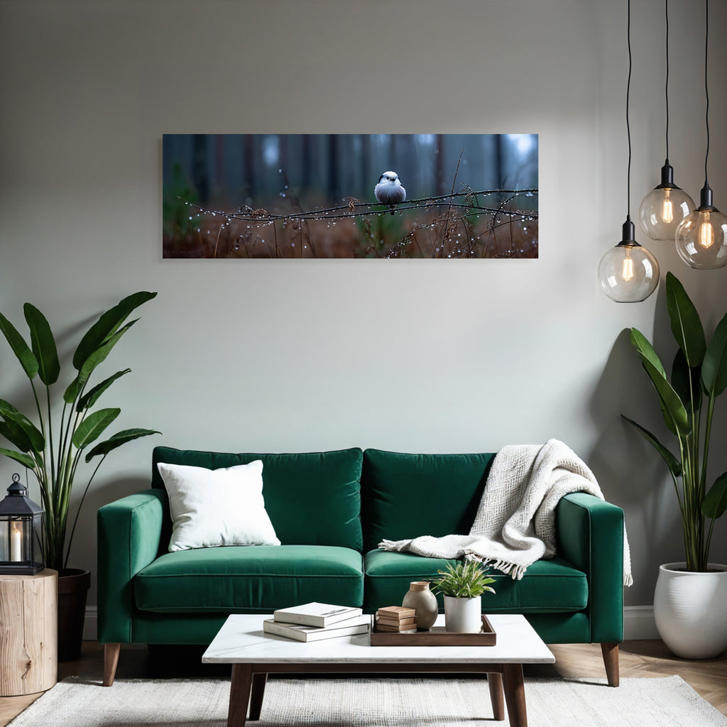 Vogel Auf Einem Ast Im Nebligen Wald Mit Wassertropfen