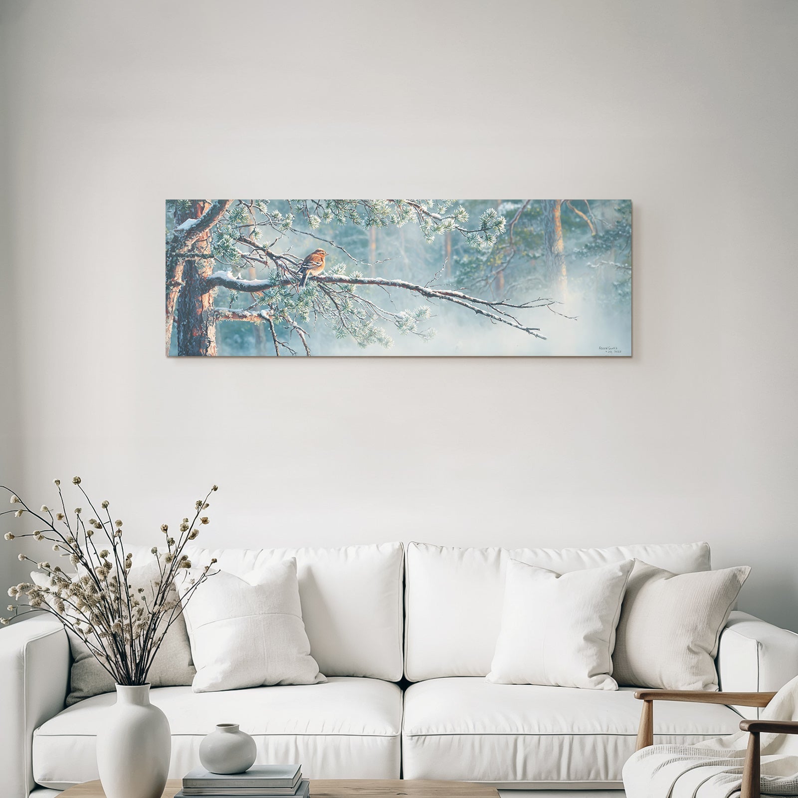 Winterlandschaft Vogel Im Schneehaften Baum Mit Evergreen Bäumen