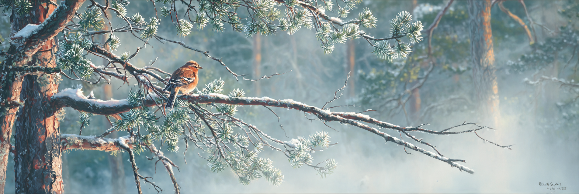 Winterlandschaft Vogel Im Schneehaften Baum Mit Evergreen Bäumen | Voegel | Tiere