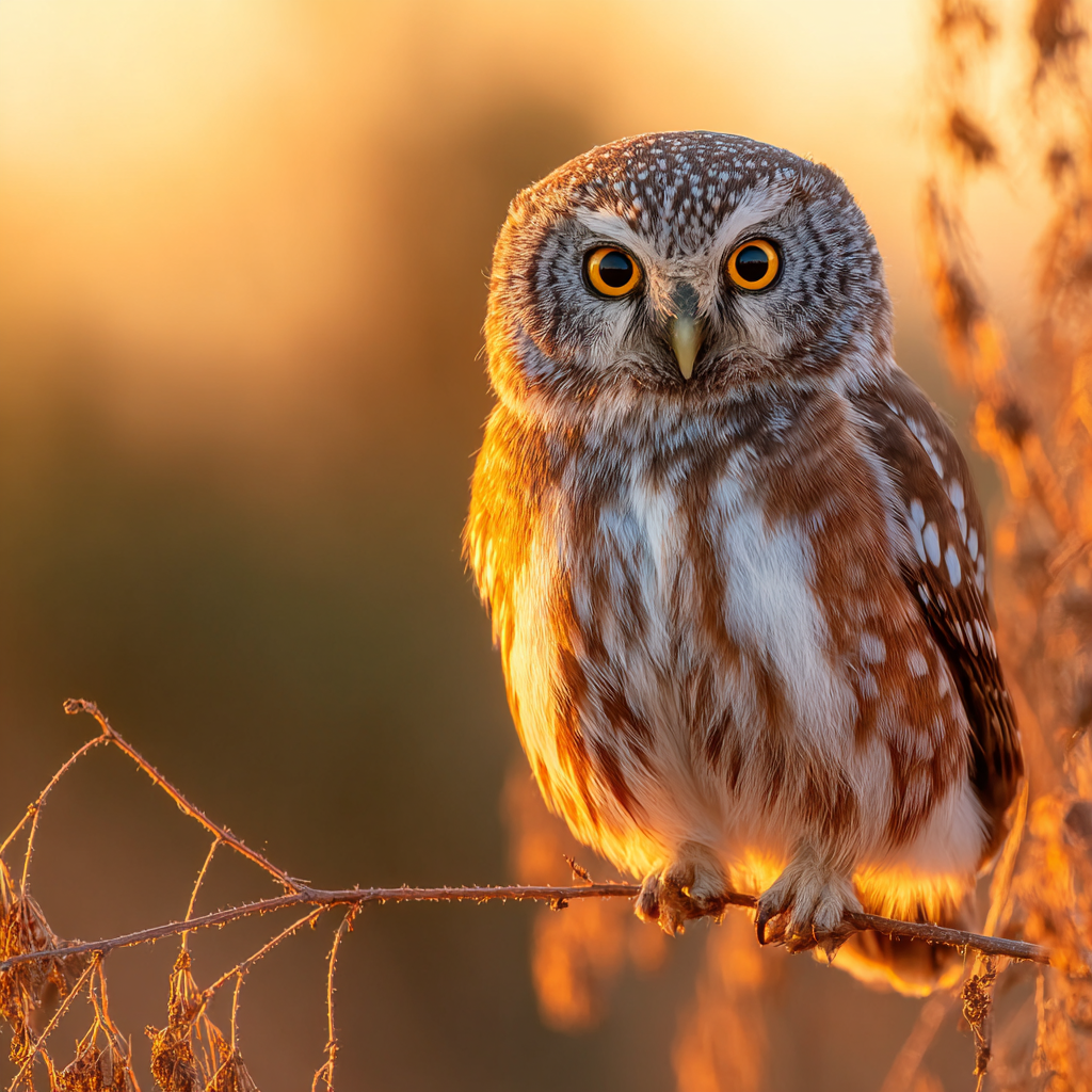 Schleichender Eule Im Warmen Licht Mit Orange Himmel | Voegel | Tiere