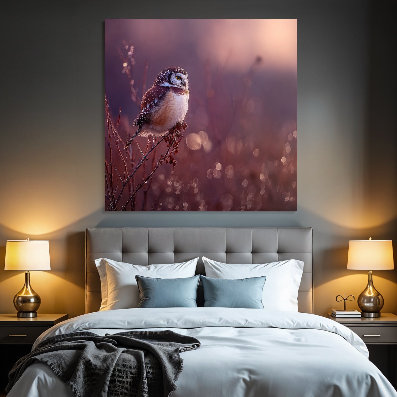 Eule Auf Ast Dreamy Hintergrund Dämmerung