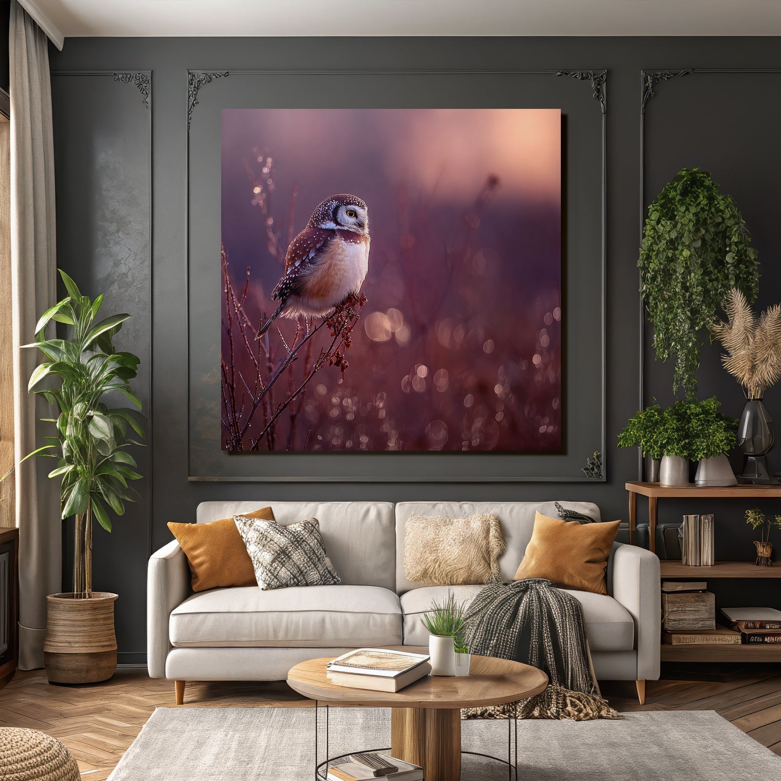 Eule Auf Ast Dreamy Hintergrund Dämmerung
