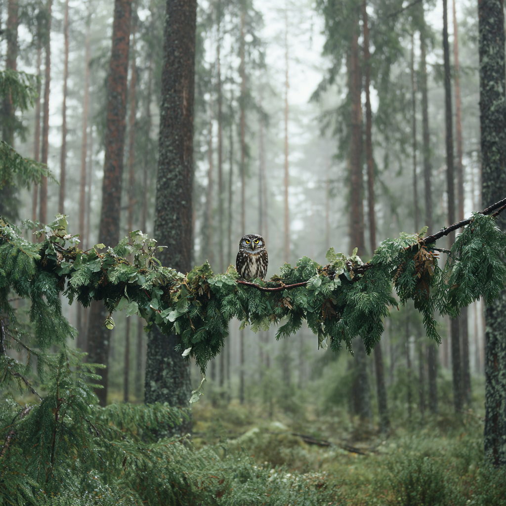 Eule Auf Einem Laster Im Nebeligen Wald Mit Grünem Umfeld | Voegel | Tiere
