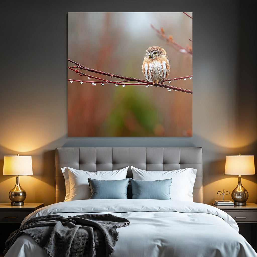 Little Owl on a Branch with Water Drops Serene Nature