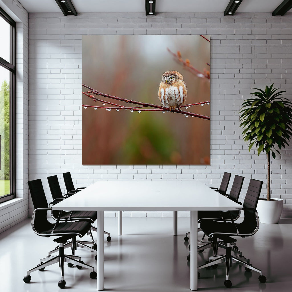 Little Owl on a Branch with Water Drops Serene Nature