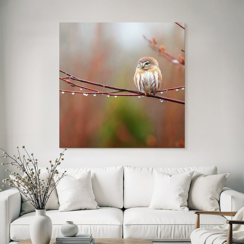 Little Owl on a Branch with Water Drops Serene Nature