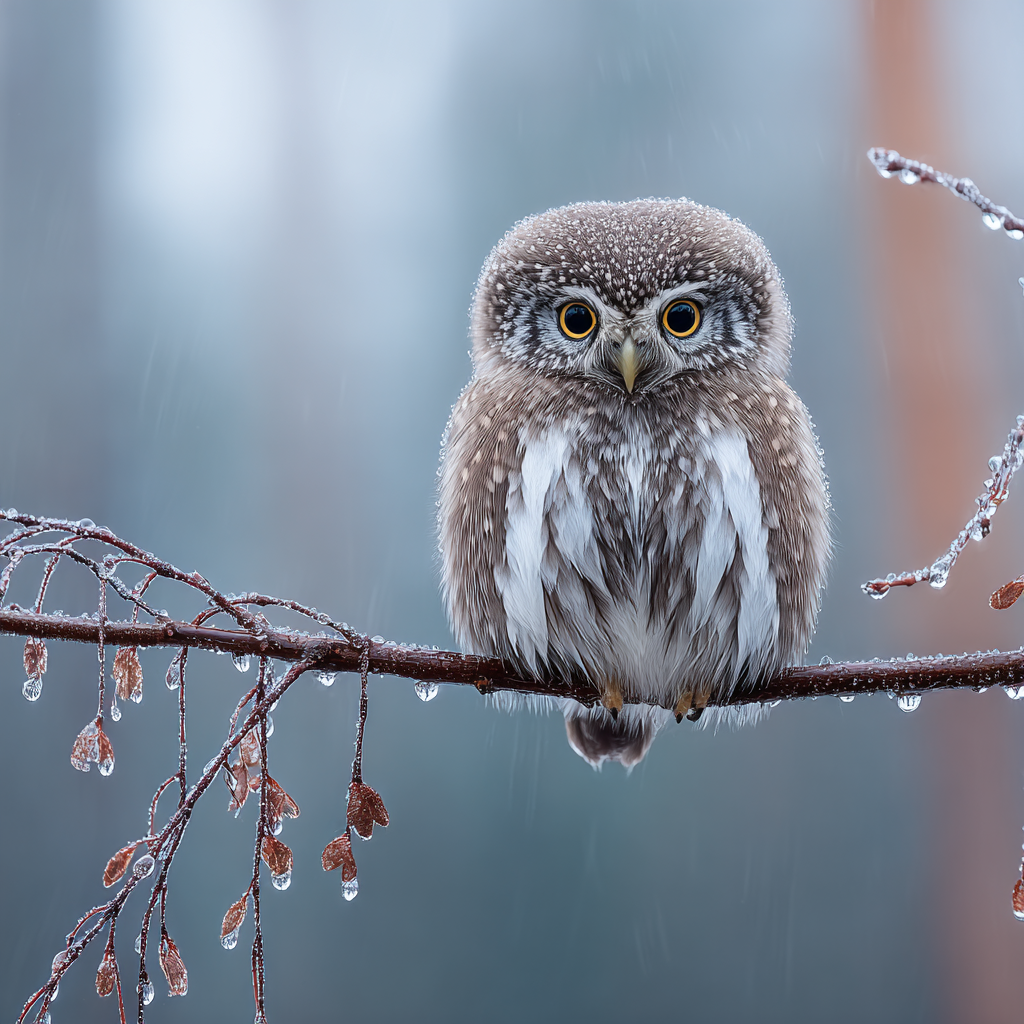 Kleiner Eule Im Regen Mit Wassertropfen Auf Einem Ast | Voegel | Tiere