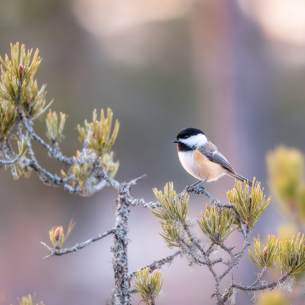 Kleiner Vogel Auf Einem Zweig Mit Schwarzem Hut Und Weisser Kehle In Einer Kiefernlandschaft | Voegel | Tiere