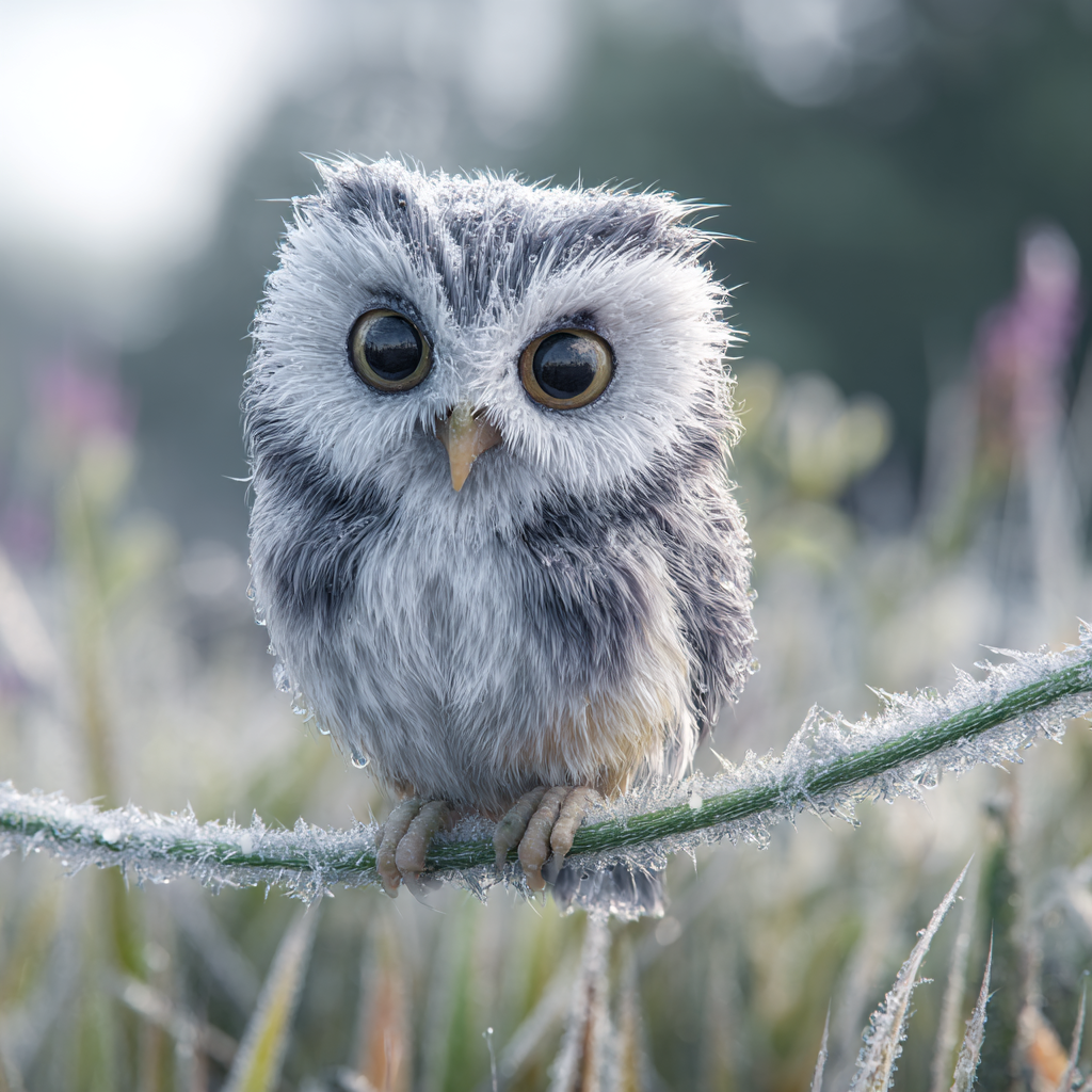 Niedlicher Flauschiger Eule Auf Einem Frostigen Zweig | Voegel | Tiere