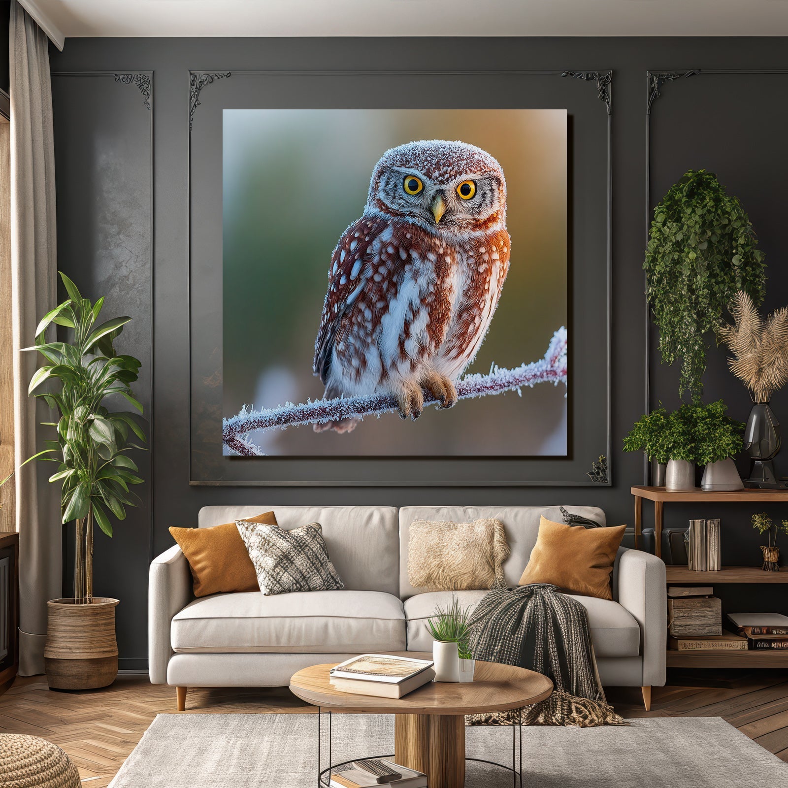 Owl Auf Einem Frostigen Ast Mit Frost Im Hintergrund