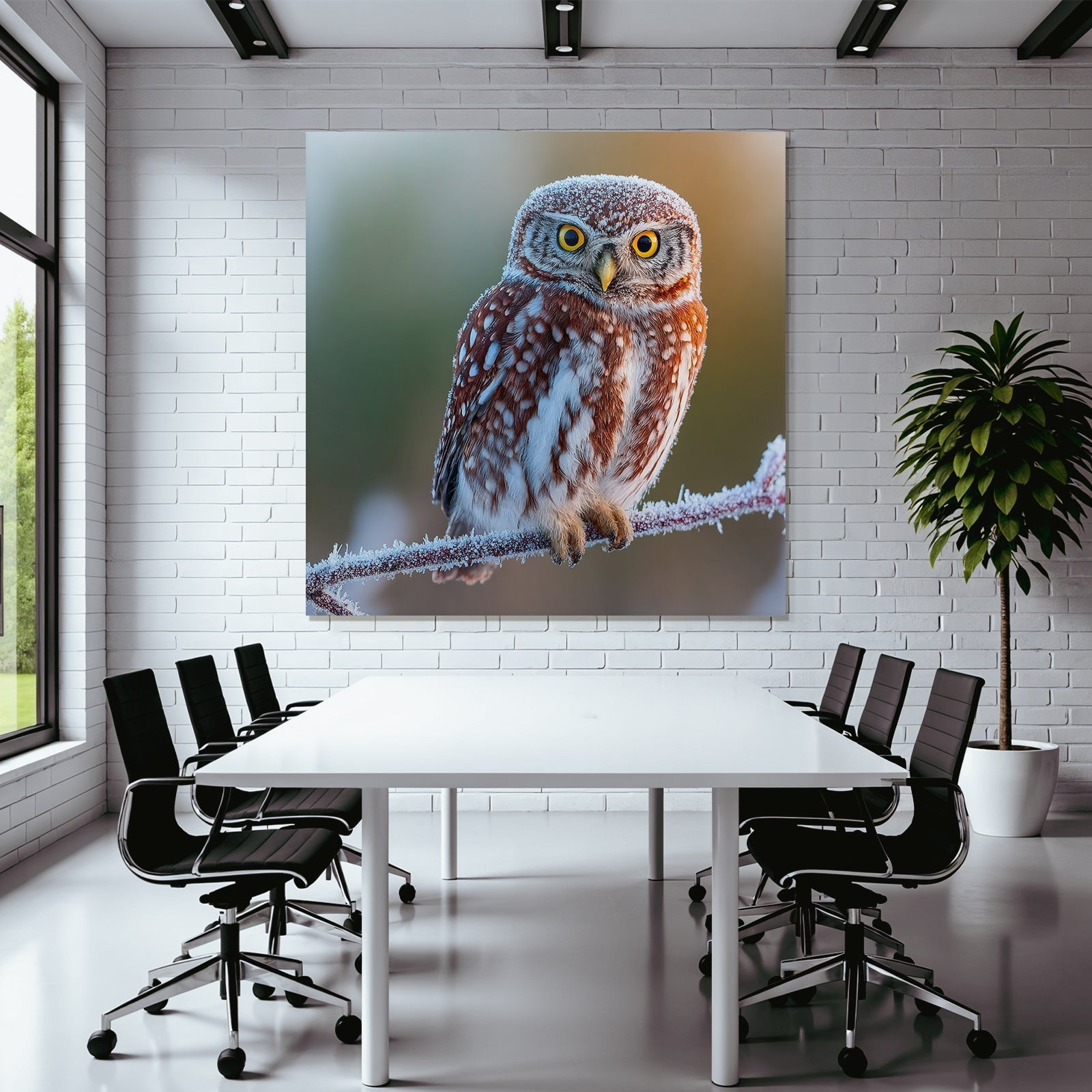 Owl Auf Einem Frostigen Ast Mit Frost Im Hintergrund