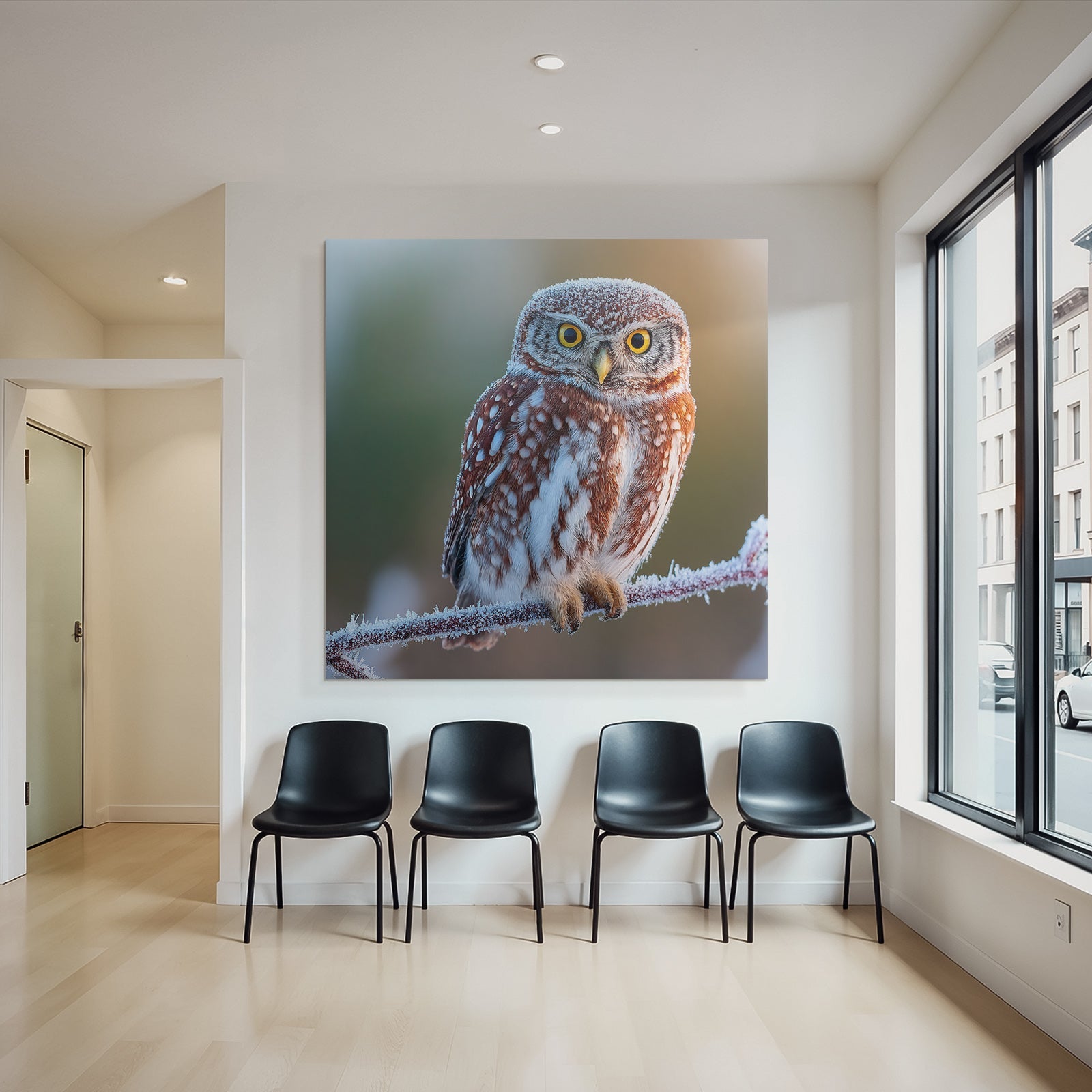 Owl Auf Einem Frostigen Ast Mit Frost Im Hintergrund