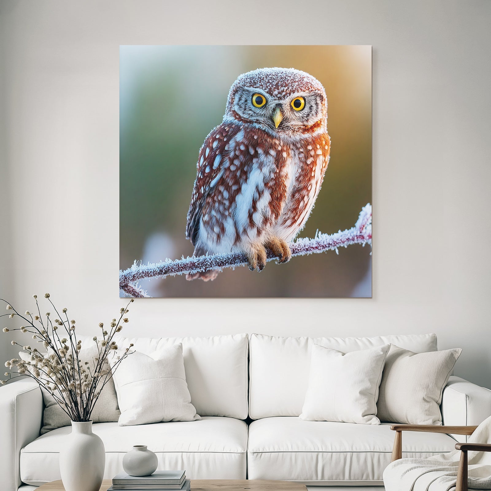 Owl Auf Einem Frostigen Ast Mit Frost Im Hintergrund