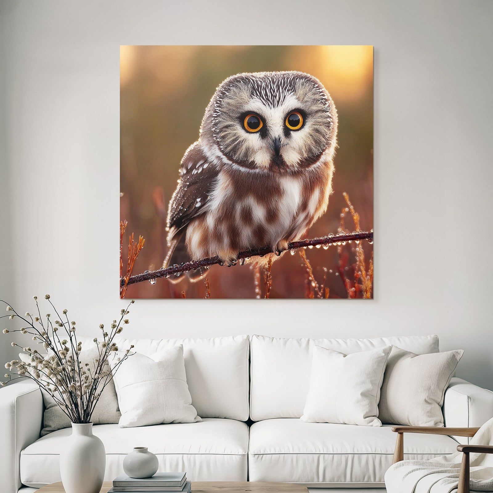 Owl Perched On Branch Natural Setting With Warm Tones