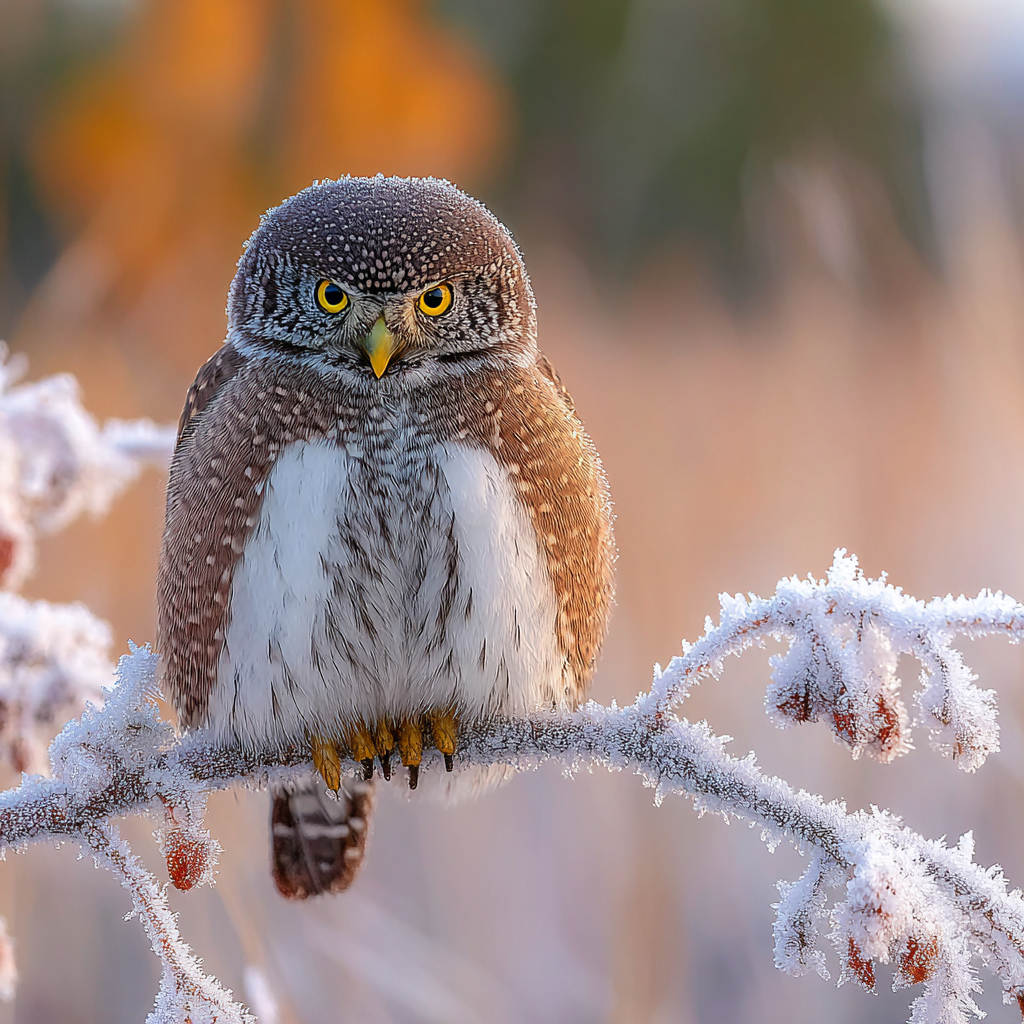 Owl Perched On Frosted Branch Districtive Features Yellow Eyes Speckled Plumage | Voegel | Tiere