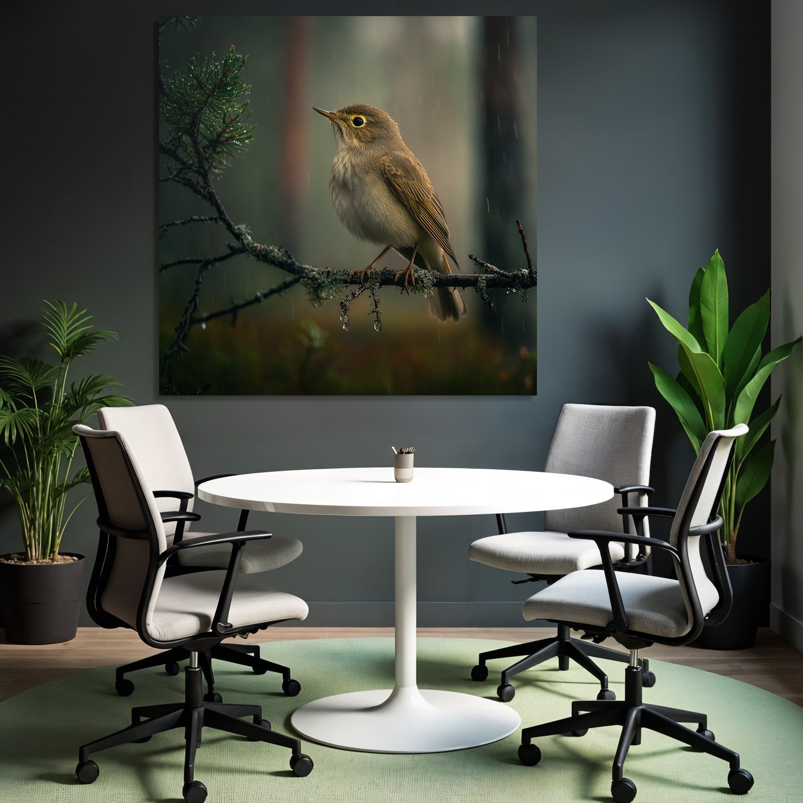 Vogel Auf Einem Zweig In Einer Regnerischen Naturszene