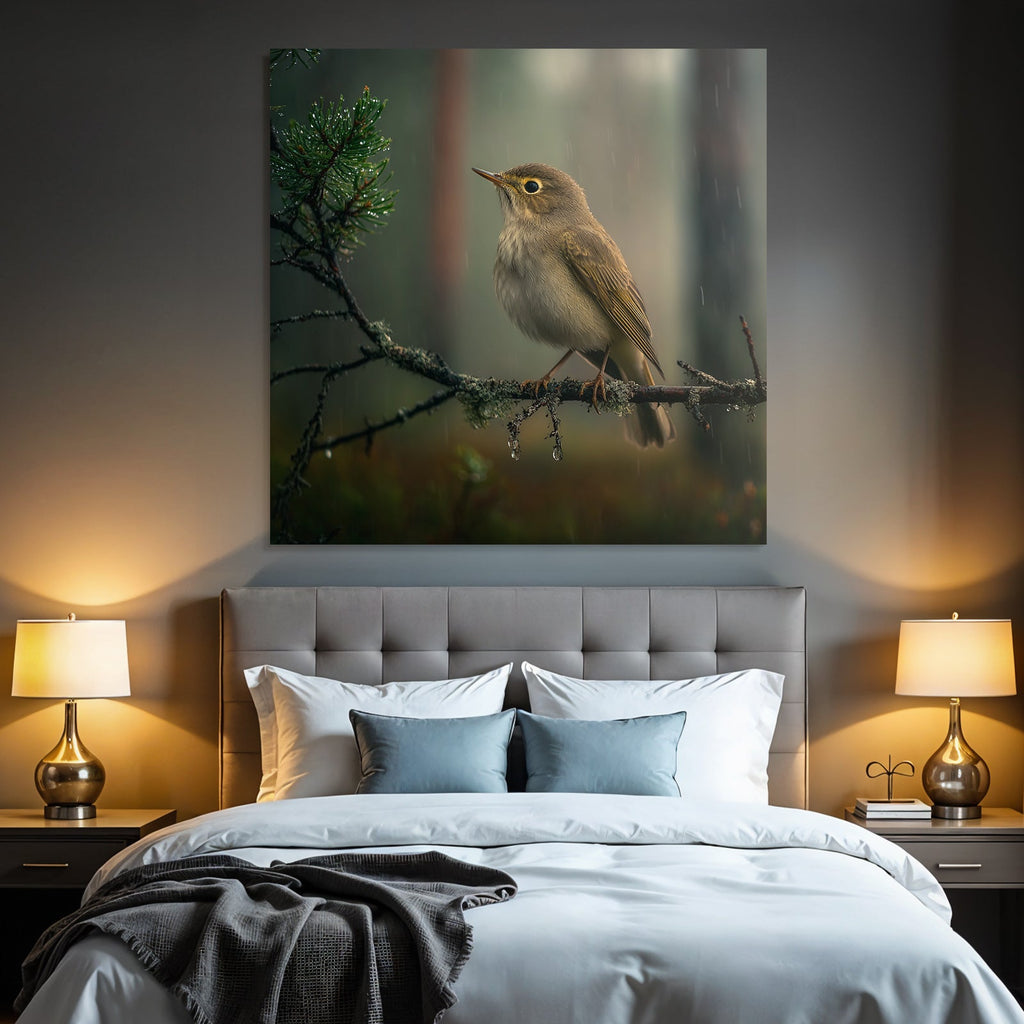Vogel Auf Einem Zweig In Einer Regnerischen Naturszene
