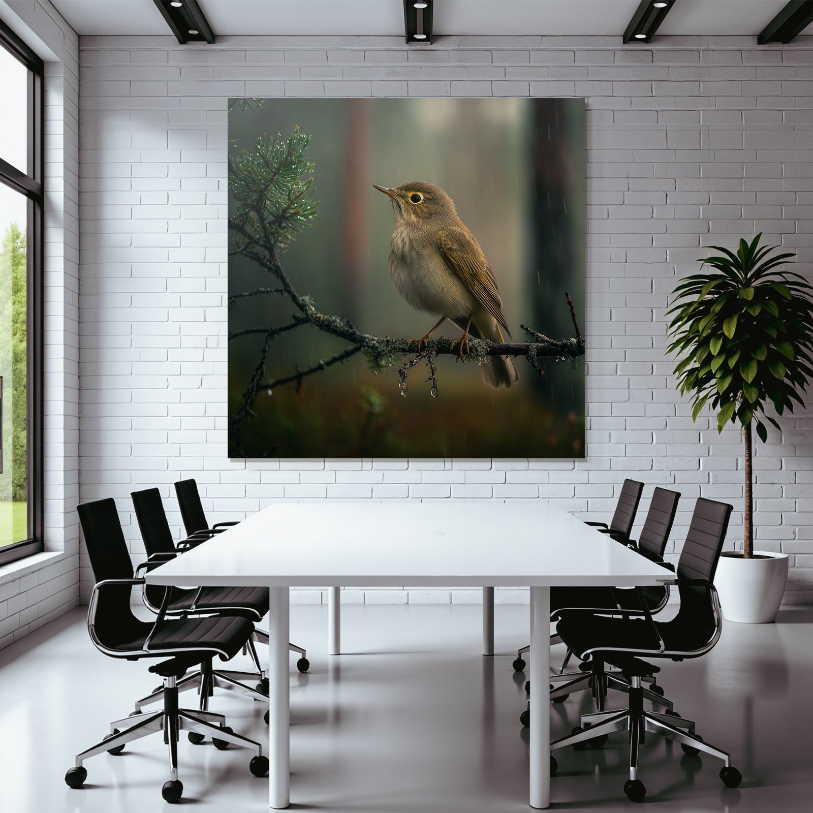 Vogel Auf Einem Zweig In Einer Regnerischen Naturszene
