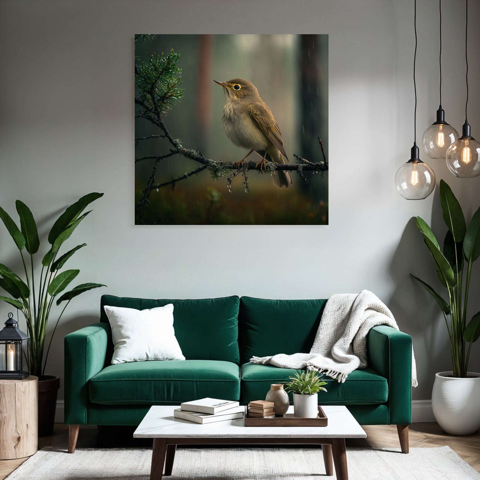 Vogel Auf Einem Zweig In Einer Regnerischen Naturszene