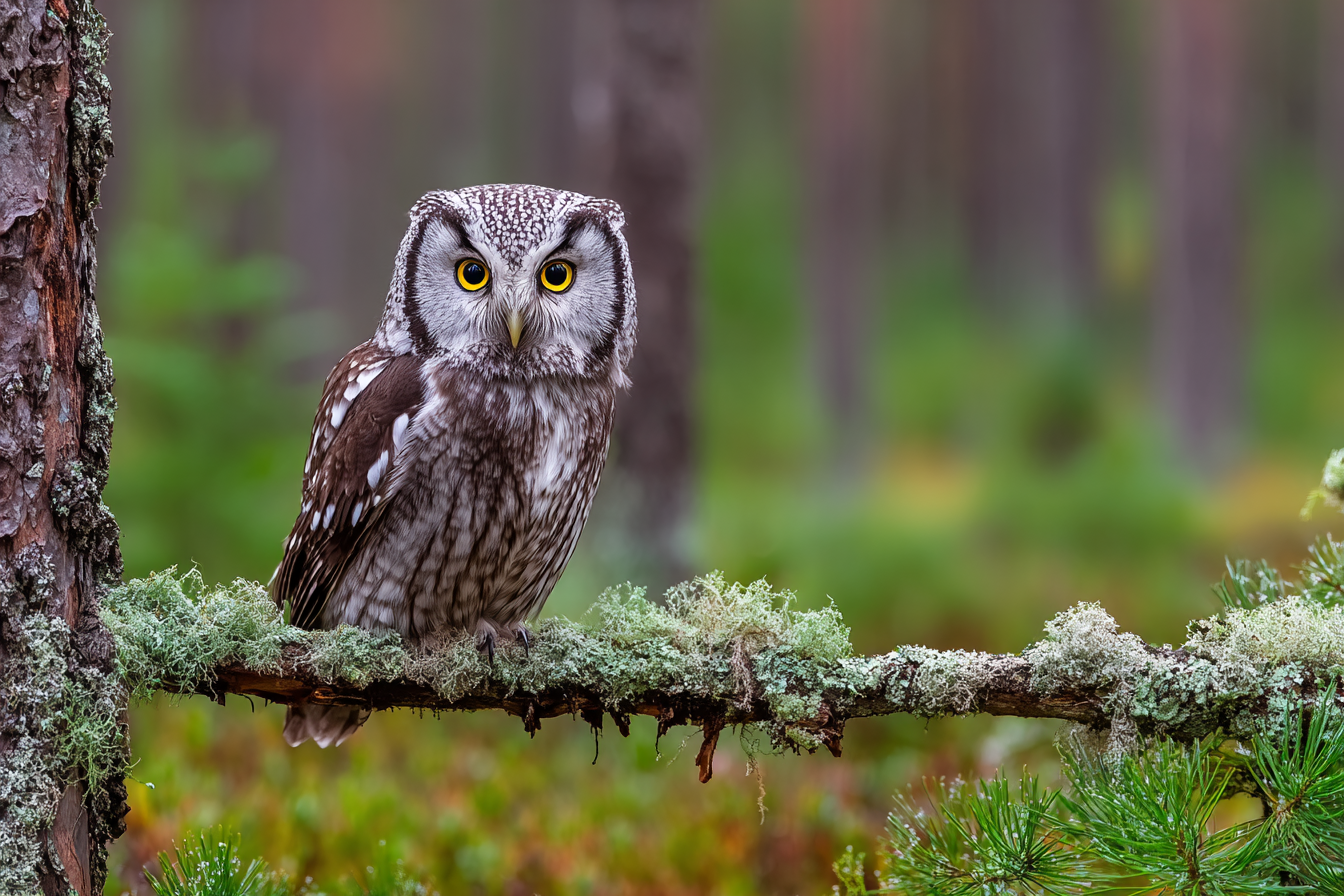 Eule Auf Einem Zweig Im Wald Mit Gelben Augen Und Musterfedern | Voegel | Tiere