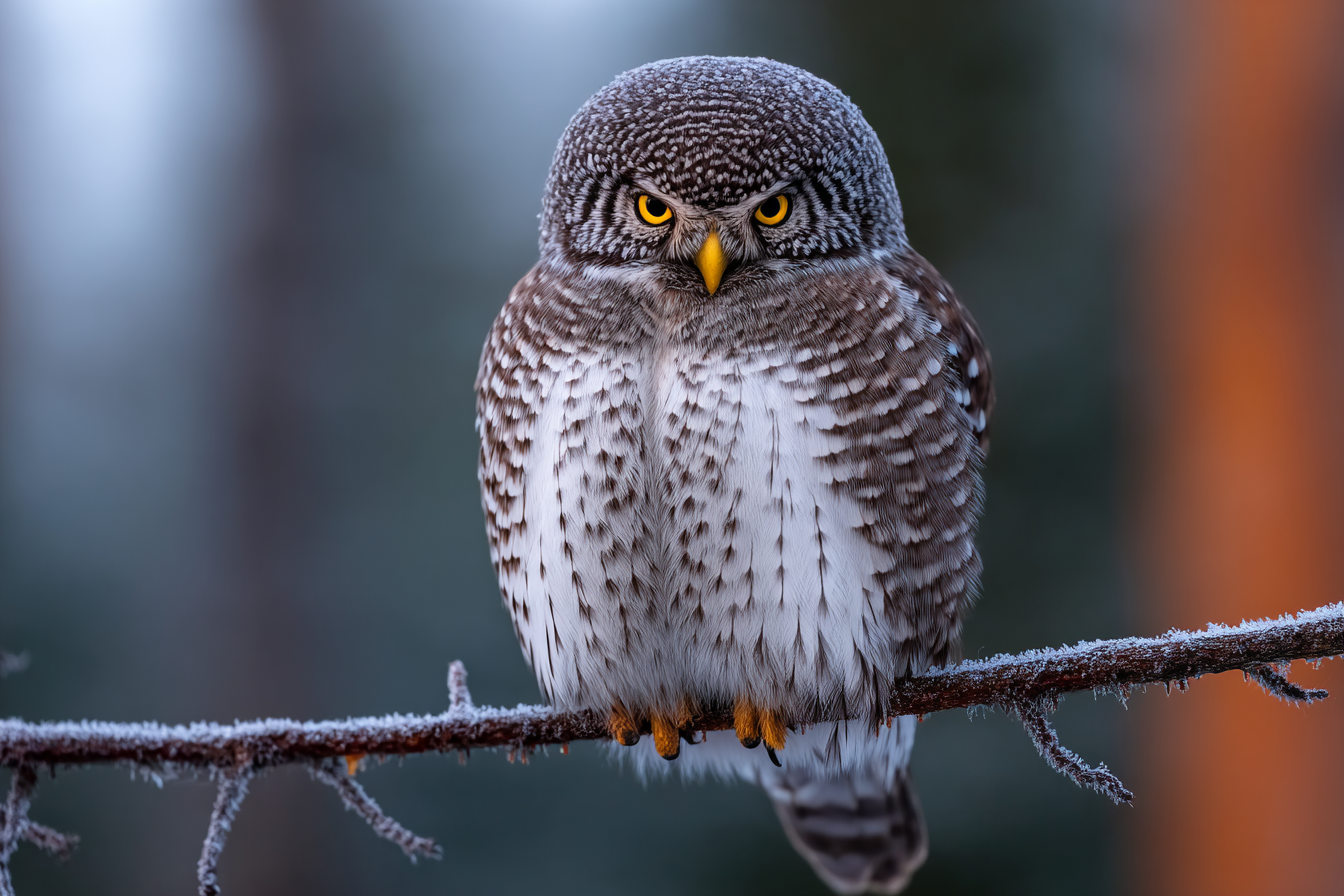 Eule Frostiger Zweig Grau Weiss Mit Gelben Augen | Voegel | Tiere