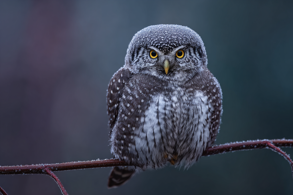 Eule Mit Frost Auf Dem Rücken Auf Einem Ast | Voegel | Tiere