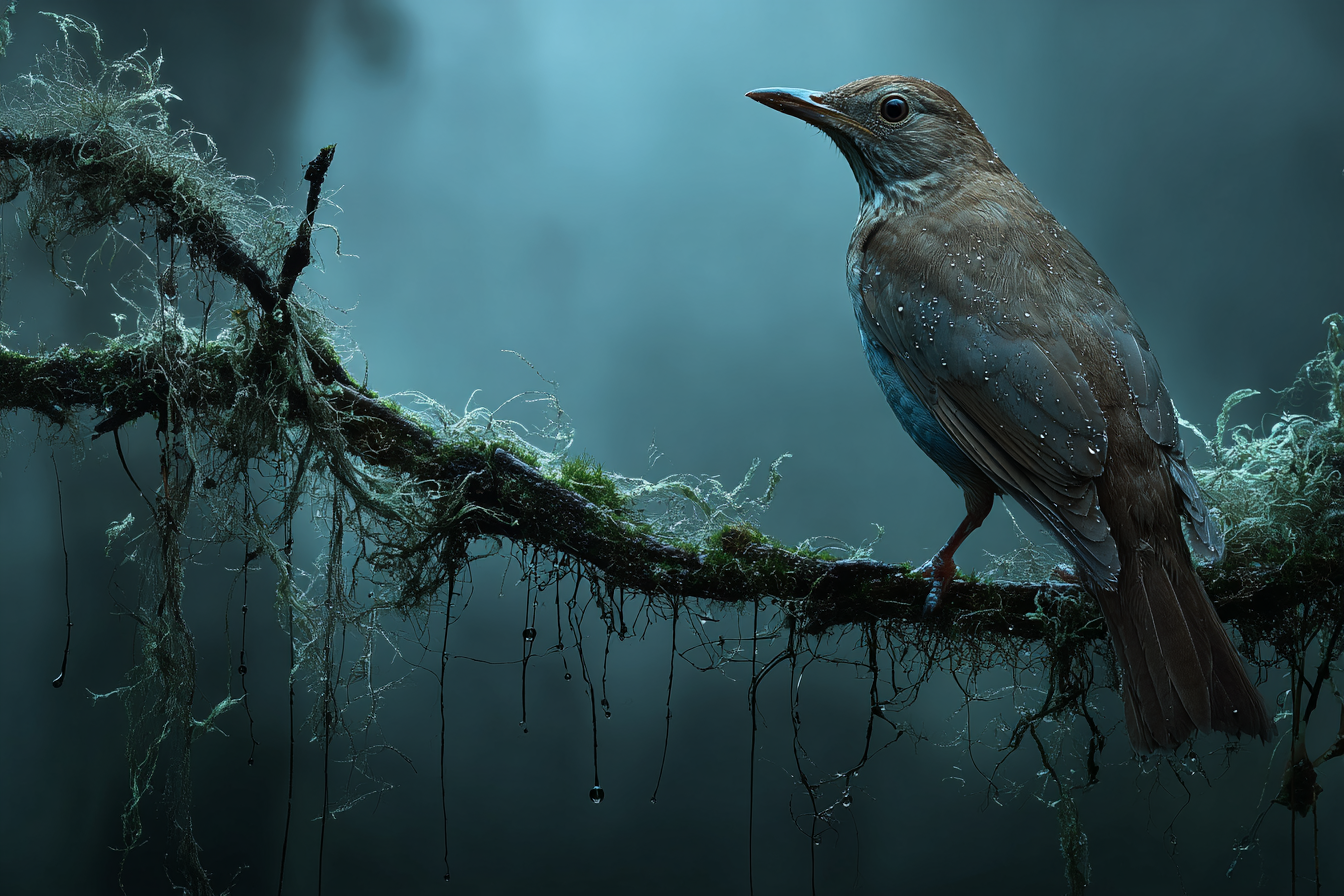 Vögel  Füchse  Eulen Vogel Auf Moosbedecktem Zweig Im Nebligen Hintergrund | Voegel | Tiere